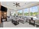 Bright living room featuring large windows, a plush sofa, and views of the outdoor pool at 310 Babylon Pine Dr., Myrtle Beach, SC 29579