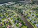An aerial view of the community showcasing a picturesque pond, community pool, and mature trees at 3910 Stillwood Dr., Myrtle Beach, SC 29588