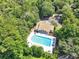 Aerial shot of a community pool with a clubhouse, surrounded by lush greenery and mature trees at 423 Chapman Loop, Pawleys Island, SC 29585
