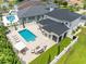 Stunning aerial view of the backyard oasis, showcasing a sparkling pool, lounge area, and lush greenery at 616 Edgecreek Dr., Myrtle Beach, SC 29579