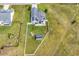 Aerial view of the property showcasing the fenced backyard, patio, shed, and solar panels at 732 American Beech St., Loris, SC 29569