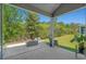 This covered patio features a modern fire pit and is surrounded by lush landscaping at 1168 Baker Creek Loop, Myrtle Beach, SC 29579