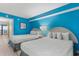 Bright bedroom featuring two beds, blue walls, and a balcony at 2207 S Ocean Blvd. # 1517, Myrtle Beach, SC 29577