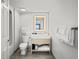 The bathroom features a modern vanity, wood-look tile flooring, and shower-tub combo at 3000 N Ocean Blvd. N # 708, Myrtle Beach, SC 29577