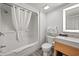 A clean bathroom offers a vanity with framed mirror and a shower-tub combination at 3000 N Ocean Blvd. N # 708, Myrtle Beach, SC 29577