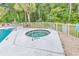 Outdoor hot tub with surrounding lounge chairs, mature trees, and a safety fence at 598 Blue Stem Dr. # 52E, Pawleys Island, SC 29585