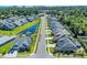 An aerial view shows houses on a quiet street with a small pond in the background at 1145 Captain Hooks Way, North Myrtle Beach, SC 29582