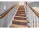 Carpeted staircase with wooden handrail and white risers leading to the upper level of the home at 2004 Potomac Ct., Myrtle Beach, SC 29579