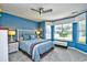 Cozy bedroom with a bay window, ceiling fan, and light blue walls creating a peaceful retreat at 3105 Robyn Ct., Little River, SC 29566