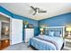 This bedroom features bright blue walls, white trim and a ceiling fan at 3105 Robyn Ct., Little River, SC 29566