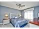This bedroom is decorated with gray walls, white trim, ceiling fan, and large windows that provide lots of light at 3105 Robyn Ct., Little River, SC 29566