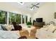Bright sunroom features a ceiling fan, skylights, lots of windows, and comfortable seating area at 1325 Clipper Dr., North Myrtle Beach, SC 29582