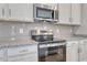 Close-up on the kitchen showing stainless appliances, granite counters and backsplash at 335 Garden Grove St, Conway, SC 29526