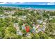Expansive aerial view showing the beach, neighborhood, and the property with a pin on it at 514 6Th Ave. S, Surfside Beach, SC 29575