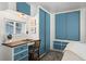 Bedroom featuring a built-in desk and storage, enhanced with blue accents and ample natural light at 6001 - 1842 S Kings Hwy., Myrtle Beach, SC 29575