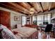 Bedroom with beautiful wood ceilings, wood floors, a bed, and a desk with views of the outdoors at 181 Halfway Rd., Nichols, SC 29581