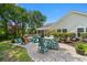 Landscaped backyard with patio area, outdoor seating, firepit, and screened-in porch at 4 Clemson Rd., Conway, SC 29526