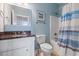 Comfortable bathroom featuring tub and shower combination, vanity and blue walls at 128 Lake Pointe Dr., Murrells Inlet, SC 29576