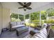 Relaxing screened patio with comfortable seating and a ceiling fan, overlooking the backyard at 208 Hamilton Way, Conway, SC 29526