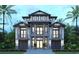 A beautifully styled two-story home with decorative pillars and two garage spaces, complemented by palm trees at 852 Waterton Ave., Myrtle Beach, SC 29579