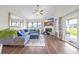 Spacious living room with comfortable blue sectional, fireplace, and sliding glass doors to the outdoor space at 116 Glengrove Lane, Murrells Inlet, SC 29576