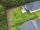 Aerial view of the backyard, fence, screened porch, and surrounding greenery at 1600 Palmetto Palm Dr., Myrtle Beach, SC 29579