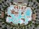 Aerial view of a community pool featuring a number of separate swimming areas with lounge chairs and manicured landscaping at 2205 Yellow Morel Way, Myrtle Beach, SC 29579