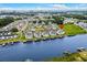 An aerial view of waterfront condos showcasing community amenities with a river and cityscape in the background at 222 Landing Rd. # 1811, North Myrtle Beach, SC 29582