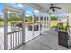 Screened in back porch features a ceiling fan and dining table with views of the pool at 7377 Pauley Swamp Rd., Conway, SC 29527