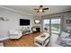 Open living room showcases a ceiling fan, stylish decor, a fireplace, and scenic lake views at 8121 Amalfi Pl. # 7-805, Myrtle Beach, SC 29572