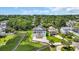 An aerial view showing a charming home nestled in a lush, green environment with ample tree coverage and a nearby waterway at 214 Olde Harbour Ct, Little River, SC 29566
