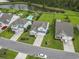 Aerial view of a neighborhood featuring lovely homes, a community pool, and a scenic pond at 223 Southgate Ct., Pawleys Island, SC 29585