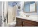 Bathroom with shower/tub combination and wood vanity at 6000 N Ocean Blvd. # 329, North Myrtle Beach, SC 29582