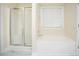 Bright bathroom features a tub-shower combo, soaking tub, and marble floors at 112 Molinia Dr., Murrells Inlet, SC 29576