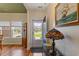 Stylish entryway with hardwood floors, a decorative lamp, and a view to the front yard at 131 Crabapple Dr., Longs, SC 29568