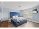 Bedroom with a striking blue headboard, soft bedding, and a window bringing in natural light at 400 Hillside Dr. S, North Myrtle Beach, SC 29582