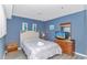 This bedroom features comfortable sleeping arrangements, cool blue walls, and nautical artwork at 5905 S Kings Hwy. # 1816 Rt, Myrtle Beach, SC 29575