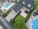 An aerial view showing the home's large backyard patio and an in-ground pool at 853 Bluffview Dr., Myrtle Beach, SC 29579