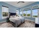 Cozy bedroom with water views, wood floors, and comfortable bed with beautiful blue accents at 4900 N Ocean Blvd., Myrtle Beach, SC 29577