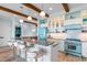 Stylish kitchen featuring an island with seating, custom cabinetry, and retro-inspired blue appliances at 4900 N Ocean Blvd., Myrtle Beach, SC 29577