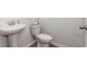 Small powder room featuring a pedestal sink and modern toilet, perfect for guests at 555 Strawberry Field Way, Galivants Ferry, SC 29544