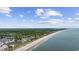 Stunning aerial view of a sandy coastline with a mix of residential and resort properties against the backdrop of the ocean at 601 Retreat Beach Circle # 213, Pawleys Island, SC 29585