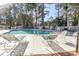 Community pool with lounge chairs and tables surrounded by lush greenery and tall trees at 690 Riverwalk Dr. # 201, Myrtle Beach, SC 29579