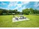 Community picnic area features stone picnic table, benches, and barbecue grills on a grassy lawn at 109 Butkus Dr. # 2-1, Myrtle Beach, SC 29588