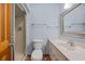 A compact bathroom showcases a shower, toilet, and vanity with light-colored countertop at 1705 N Ocean Blvd. N, North Myrtle Beach, SC 29582