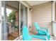 Balcony with blue Adirondack chairs and sliding glass doors at 3774 Hitchcock Way # 836, Myrtle Beach, SC 29572