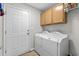 Well-lit laundry room features a white washer and dryer, ample cabinet space, and convenient exterior access at 4314 Turtle Ln., Little River, SC 29566