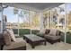 This sunroom has comfortable seating with neutral cushions and a view of the backyard at 5034 Selene Ct., Myrtle Beach, SC 29588