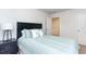 Cozy bedroom with a comfortable bed, featuring a blue striped comforter and black nightstand at 739 Chazen Way, Longs, SC 29568