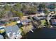 Aerial view shows waterfront homes with private docks and decks, nestled among trees along the peaceful lakefront at 1931 Lakeview Circle, Surfside Beach, SC 29575